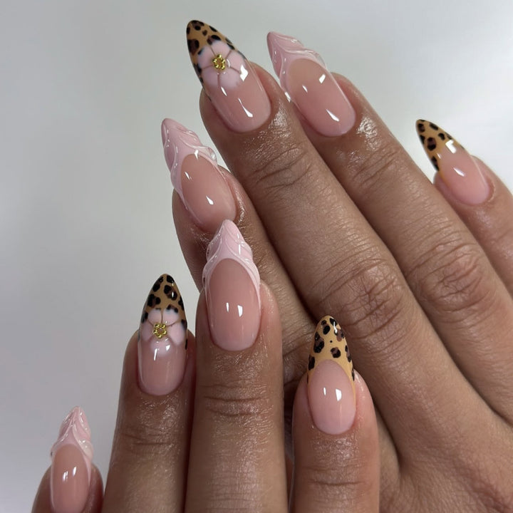 Artful stiletto nails with floral leopard pattern Kalsten