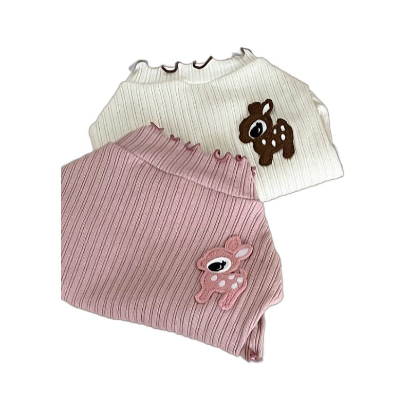 Ribbed Cotton Pet Pullover Sweater with Deer Embroidery & Lettuce-Edge Hem