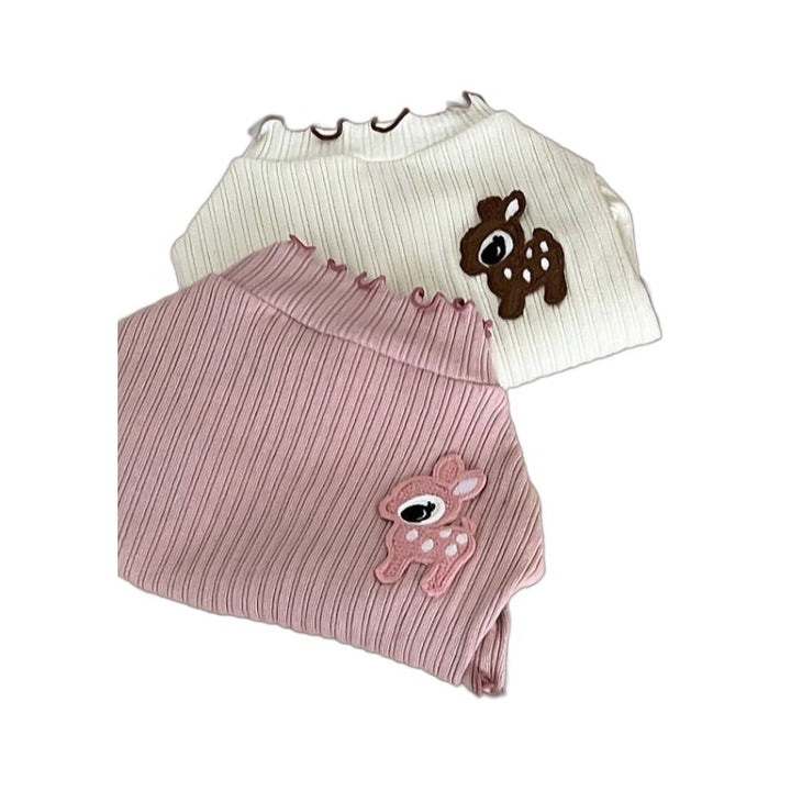 Ribbed Cotton Pet Pullover Sweater with Deer Embroidery & Lettuce-Edge Hem