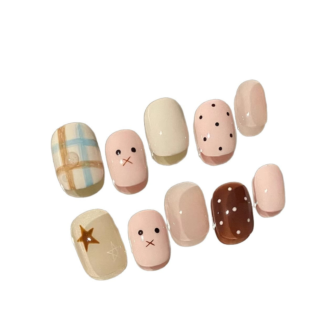Artistic Press-On Nail Art Set with Star and Grid Designs