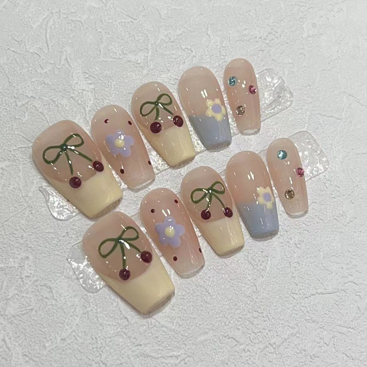 Charming Decorative Press-On Nail Set with Cherry and Floral Designs Kalsten