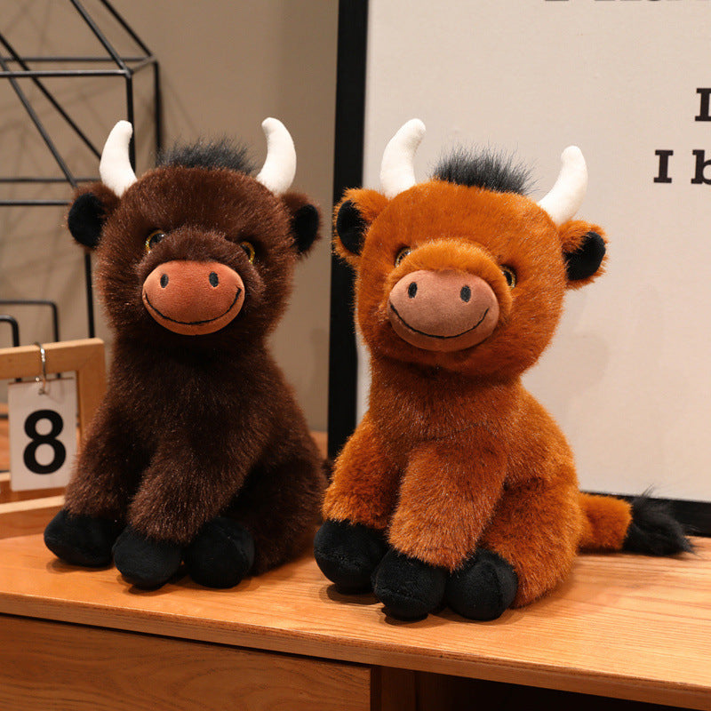 Sitting Plush Bull Decorative Soft Toy with Embroidered Snout, Horns & Soft Faux-Fur Kalsten