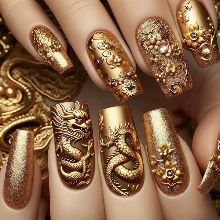 Elegant artificial nail set with 3D dragon designs and gold accents Kalsten