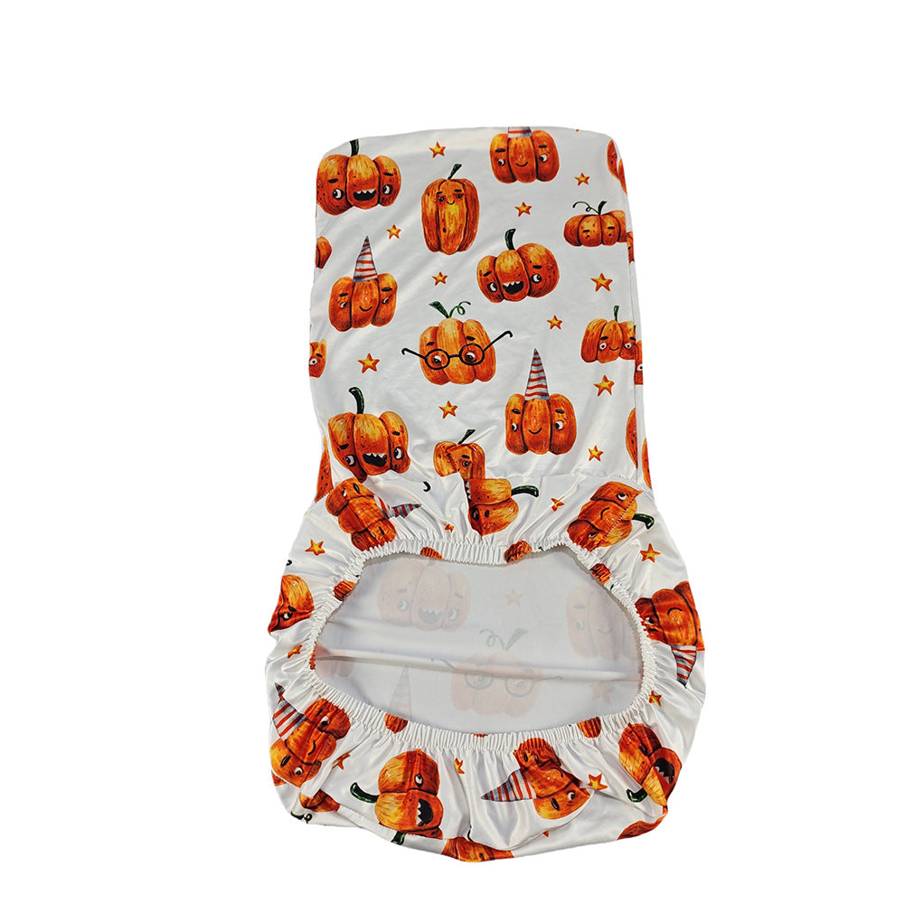 Elastic chair cover for high backs with Halloween pumpkin and witch hat print