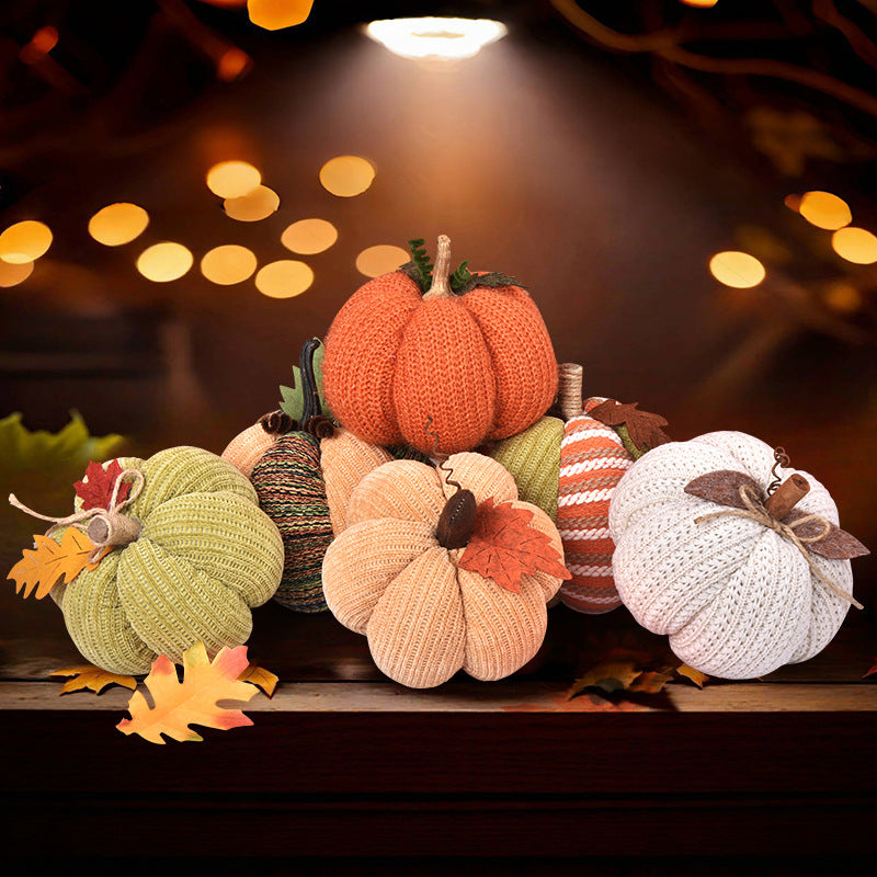 Handcrafted knitted decorative pumpkin as autumn table decoration