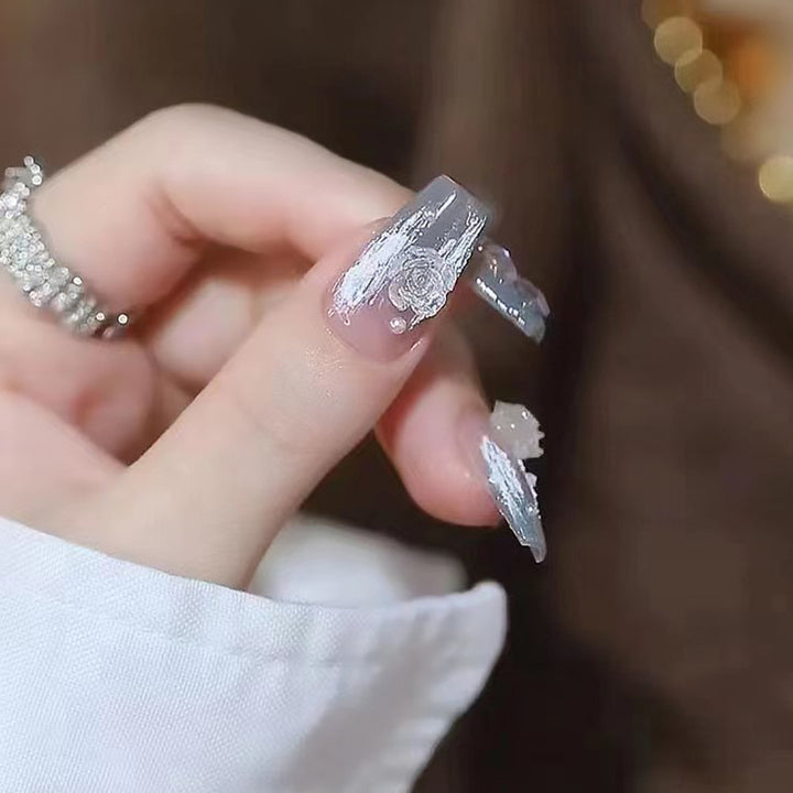 Artificial nail set with delicate rose and glitter decorations Kalsten