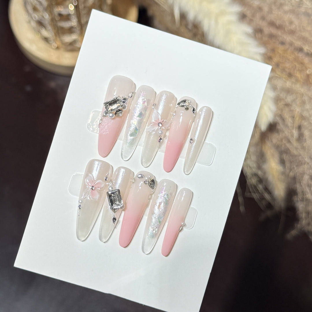 Elegant Stiletto Press-On Nail Art Set with Decorative Floral Accents Kalsten