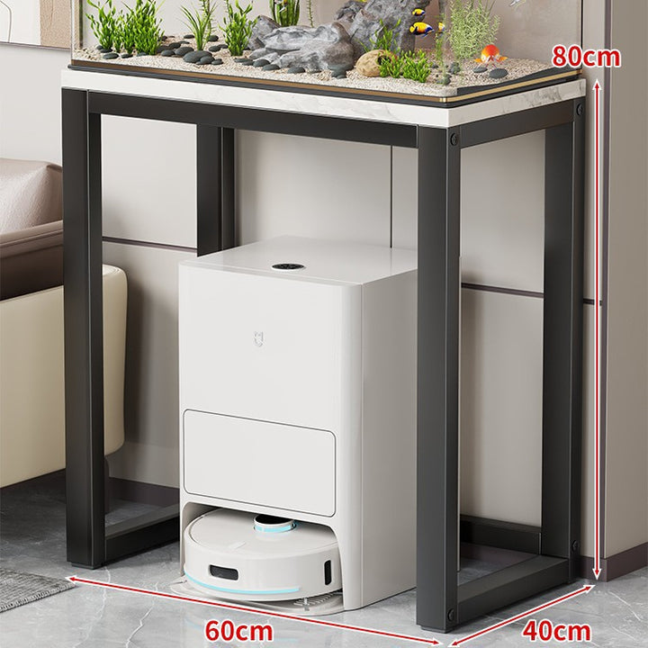 Gold Metal Aquarium Console Table with Faux Marble Top and Robot Vacuum Storage