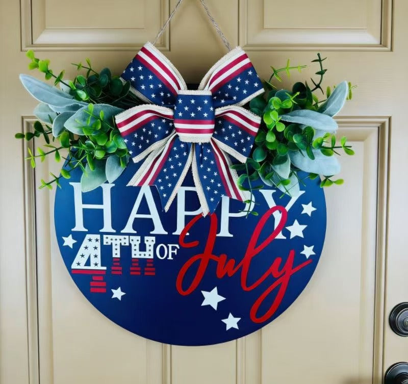 Unisex nan Patriotic Round Wooden Door Sign with Bow and Faux Greenery Kalsten