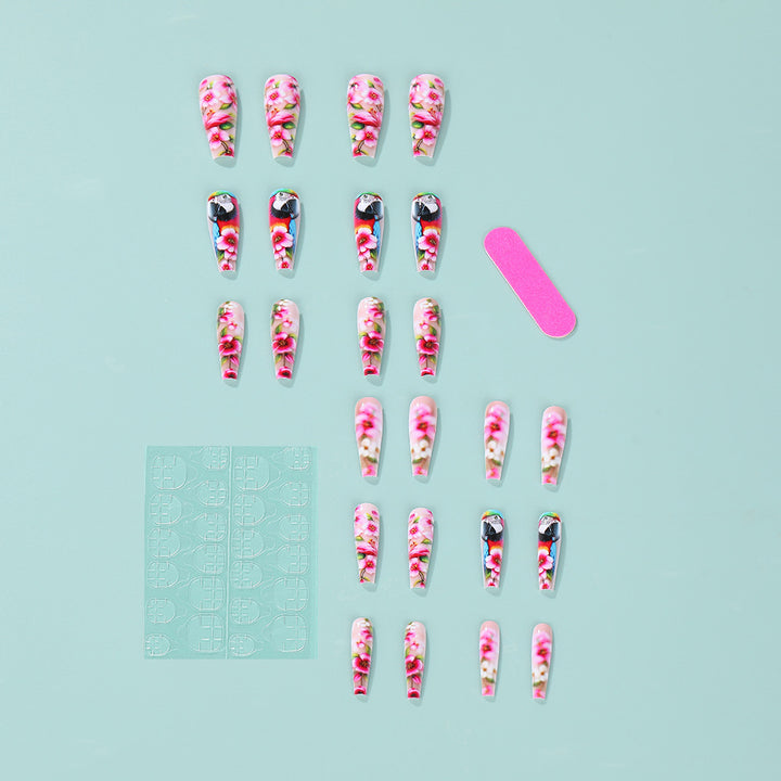 Exquisite Artificial Nails with Colorful Flower and Parrot Design Kalsten