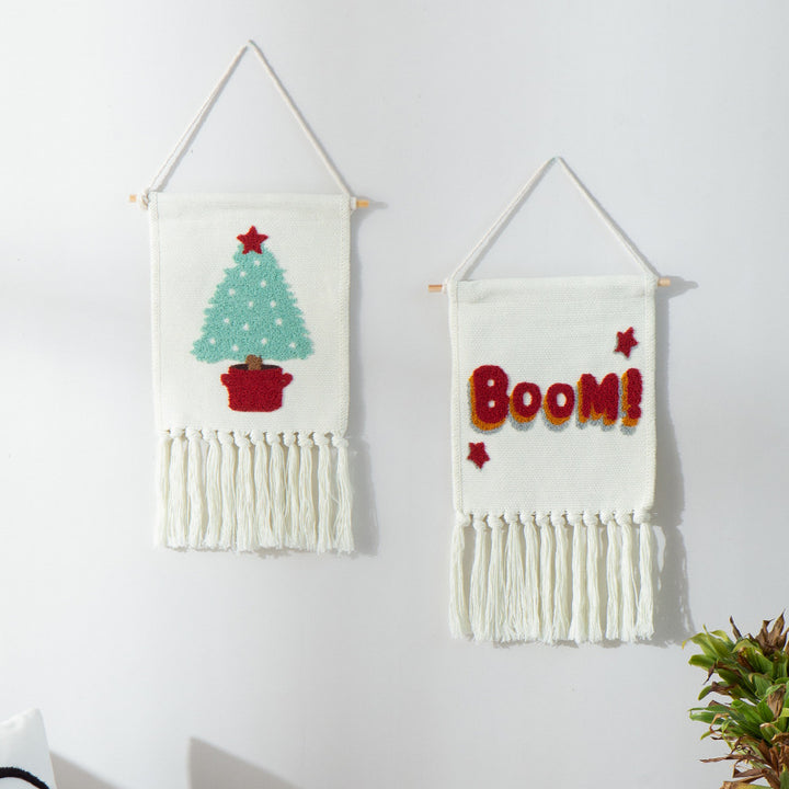 Woven cotton blend wall hanging with tufted cactus motif and cotton fringes Kalsten