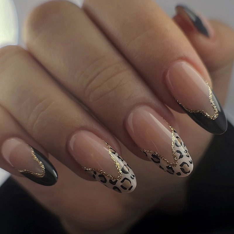 Stiletto Press-On Nail Set with Creative Leopard and Glossy Black Accents Kalsten
