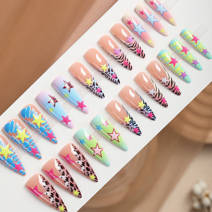 Creative nail set with colorful stars and animal patterns Kalsten