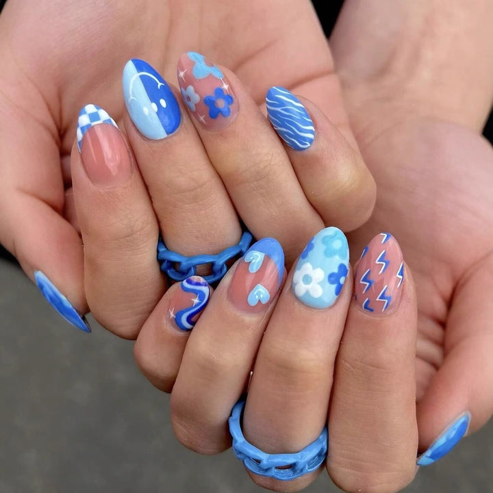 Artificial nail set with colorful flower pattern and creative accents Kalsten