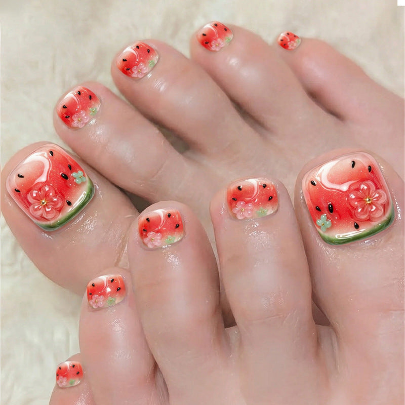 Creative nail art set with cheerful watermelon designs and delicate floral accents Kalsten