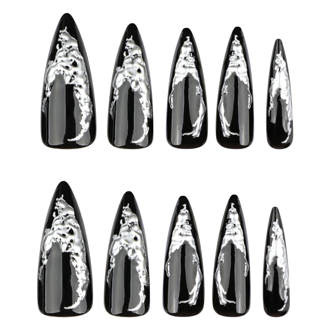 Artistic stiletto nails with modern metal effect Kalsten