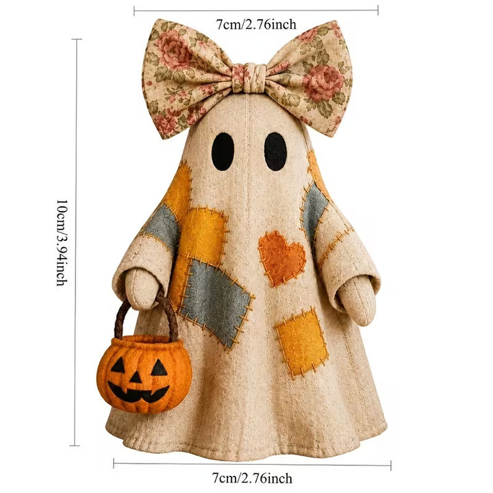 Ceramic ghost figure with integrated lighting and pumpkin basket