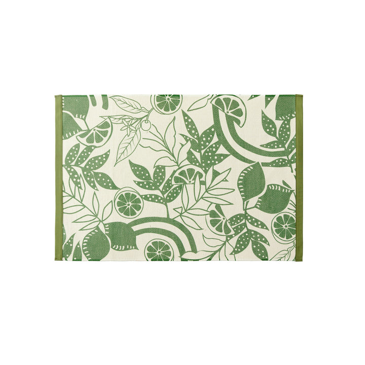 Woven table runner with floral vinyl print look and reinforced overlock stitching Kalsten