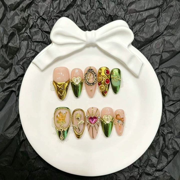 Artistic Press-On Nail Set with Intricate Metallic Accents