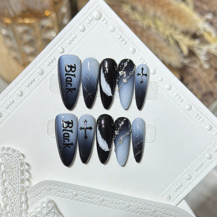 Artistic Press-On Nail Set with Gothic Feather and Cross Design Kalsten