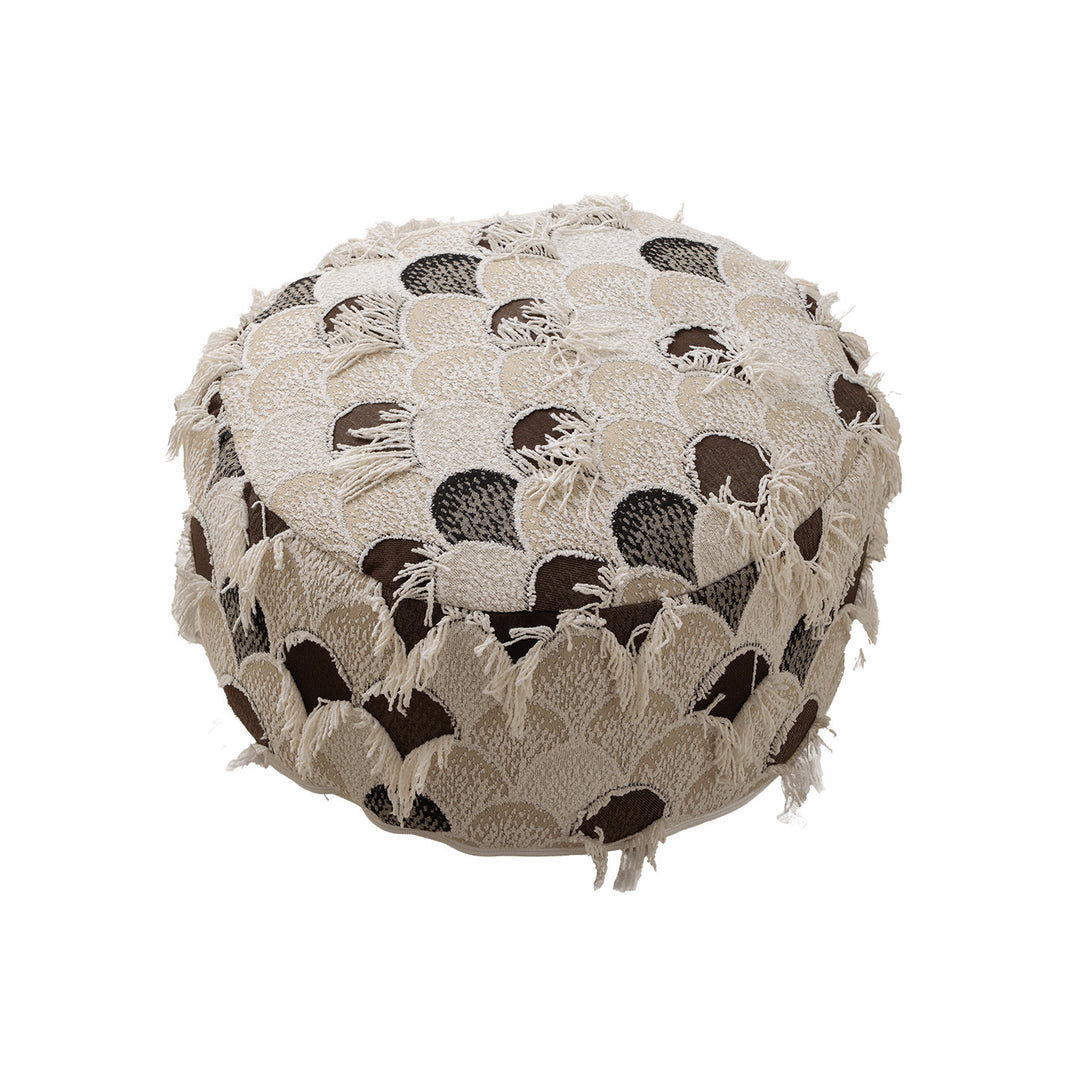 Round Boho Seat Pouf with Hand-Tufted Structure and Decorative Fringes Kalsten