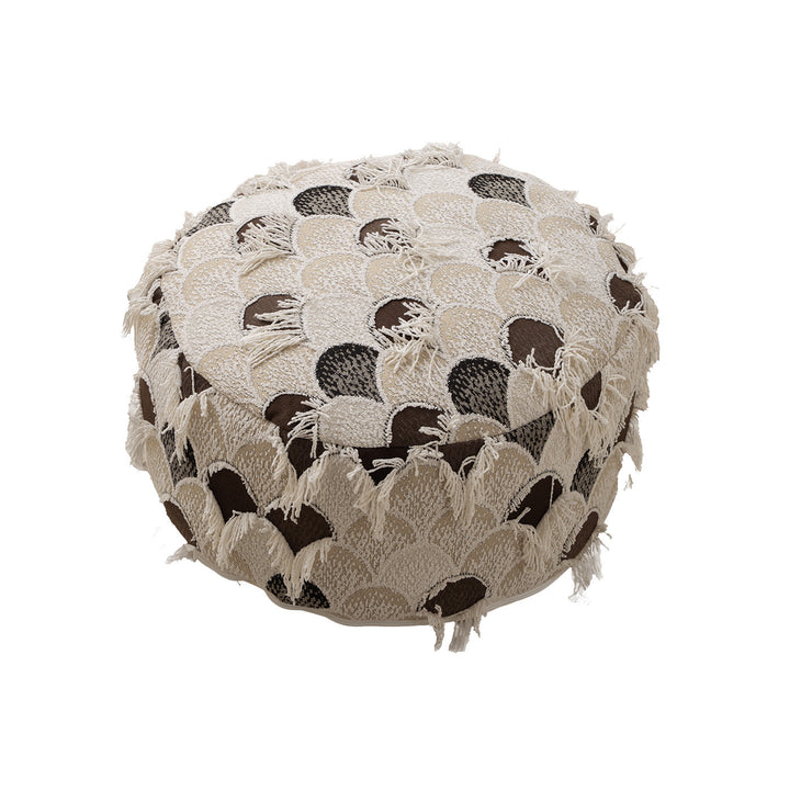 Round Boho Seat Pouf with Hand-Tufted Structure and Decorative Fringes Kalsten