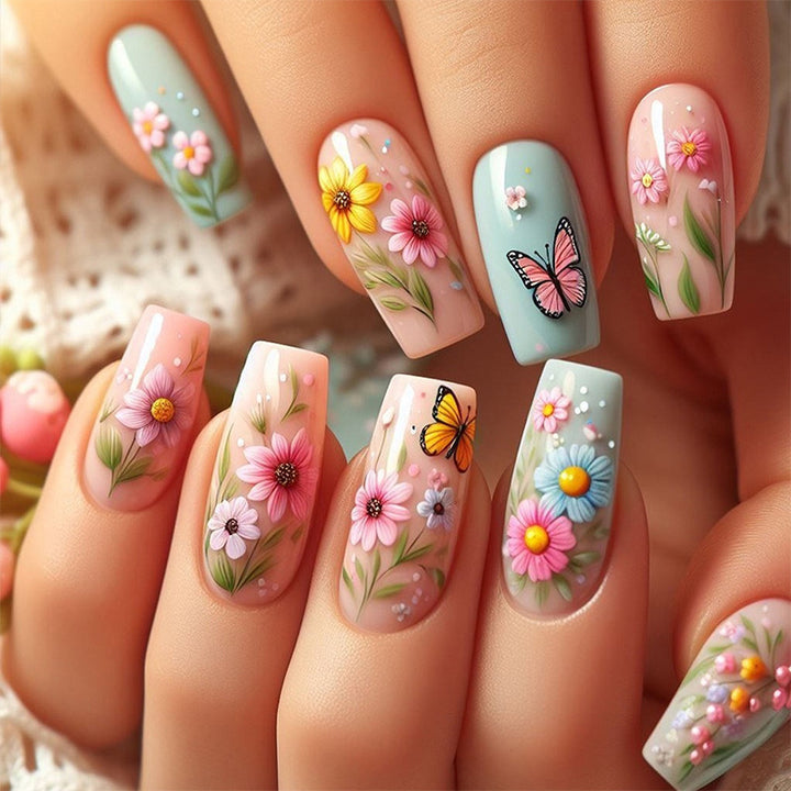 Decorative Press-On Nail Art Set with Floral and Butterfly Designs kalsten
