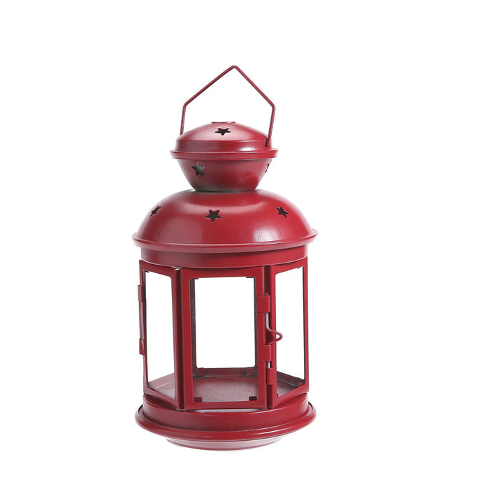 Vintage-Inspired Cylindrical Metal Tea Light Lantern with Star Vent Cutouts and Hinged Glass Door Kalsten