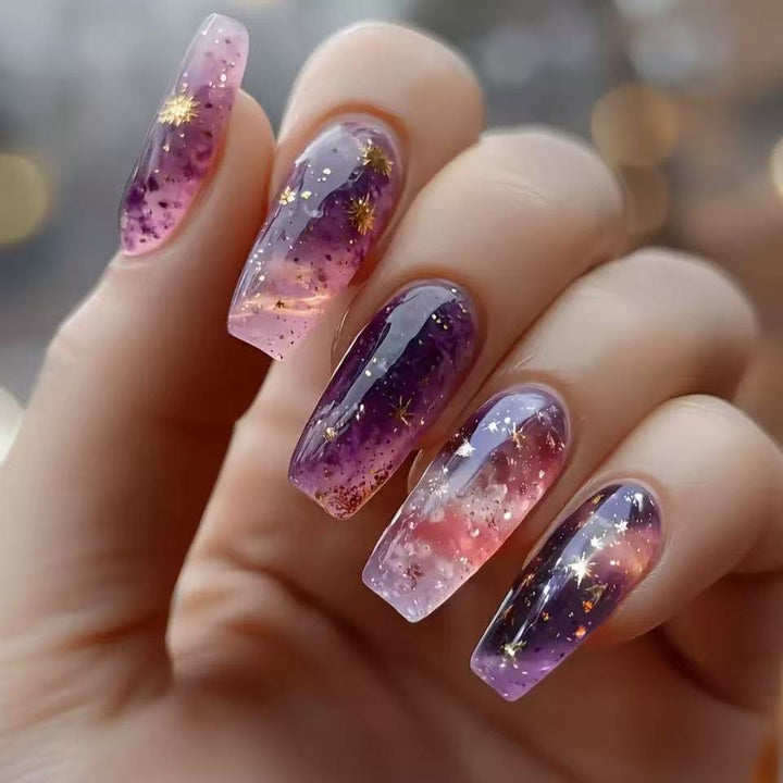 Glittering artificial nail tips in galaxy design Kalsten