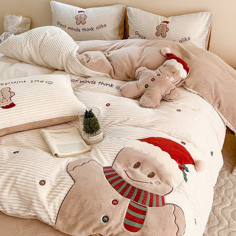 Cozy winter bedding set with embroidered gingerbread motif and velvety structure