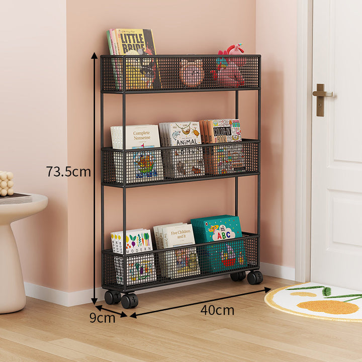 Industrial Metal Mesh Four-Tier Narrow Bookshelf Organizer