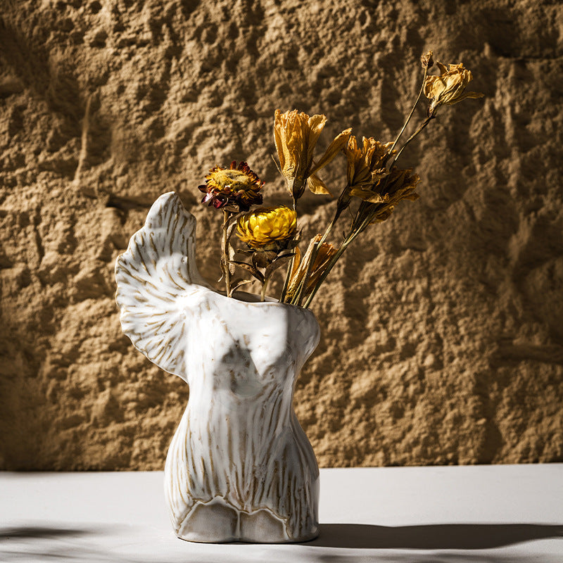 Hand-carved Woven Female Torso Decorative Ceramic Bud Vase