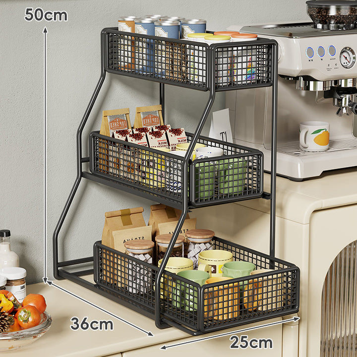 Three-Tier Angled Metal Mesh Countertop Pantry Organizer with Stackable Wire Baskets