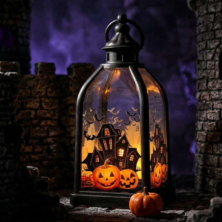 Halloween-Decorative lantern with LED imitation candle and skeleton glass inserts antique look