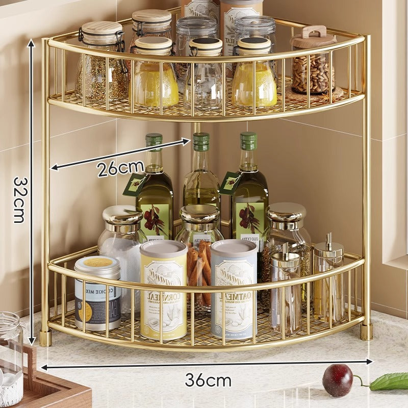 Three-Tier Rounded Corner Kitchen Storage Rack with Raised Rails and Mesh Shelves