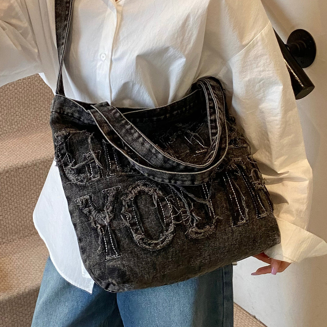 Distressed Denim Graphic Tote Bag