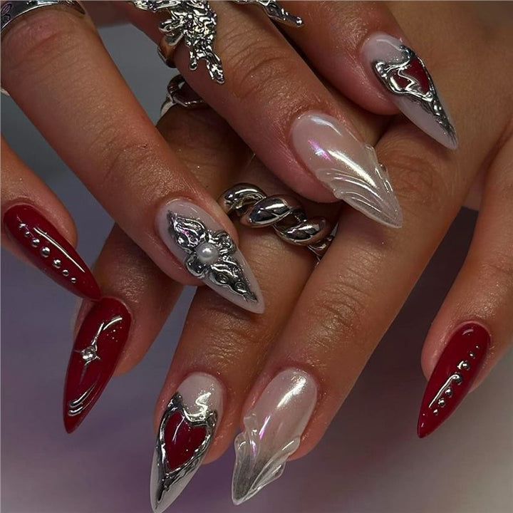 Decorative Stiletto Press-On Nail Art with Floral Accents Kalsten