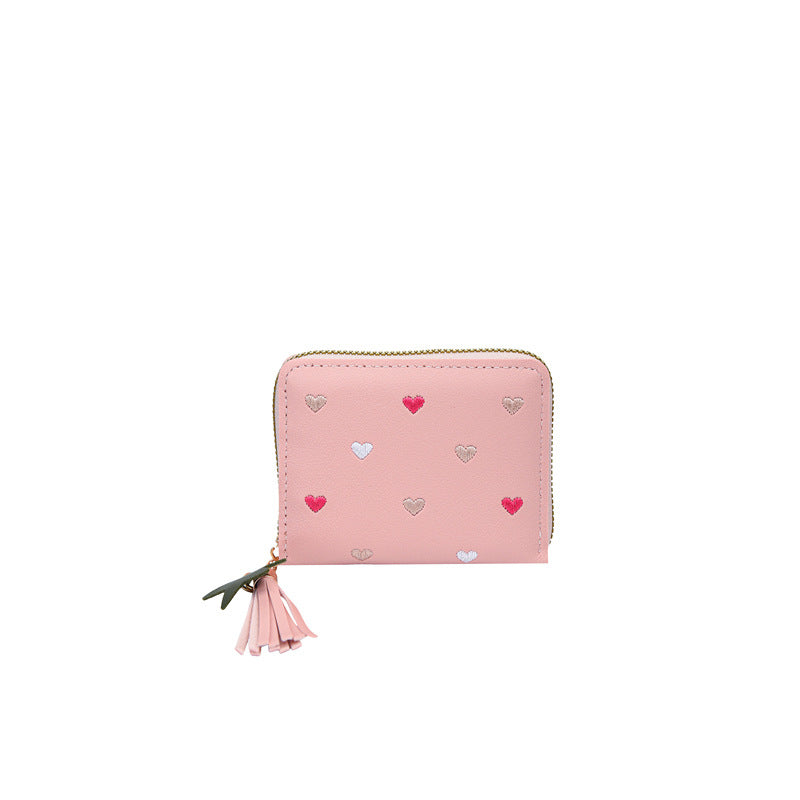 Compact Heart Patterned Zip Wallet