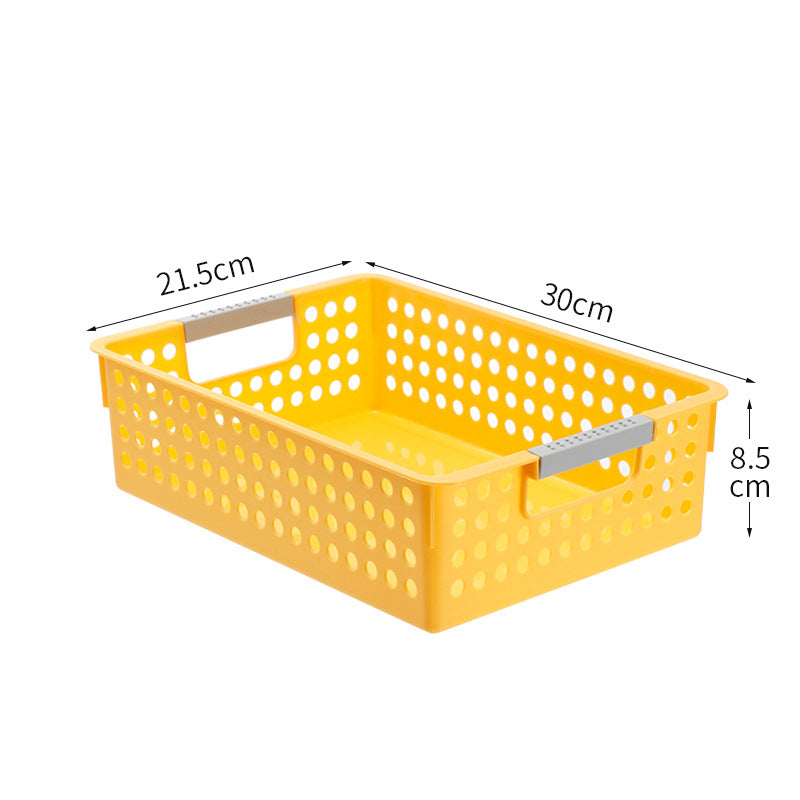 Flat plastic storage box with perforated side wall and grip recesses
