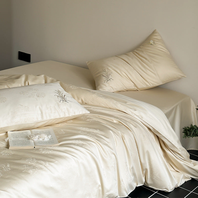 High-quality cotton satin bedding set with floral embroidery