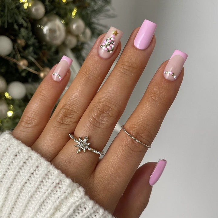Artificial nail set with festive Christmas tree design and glitter decorations Kalsten