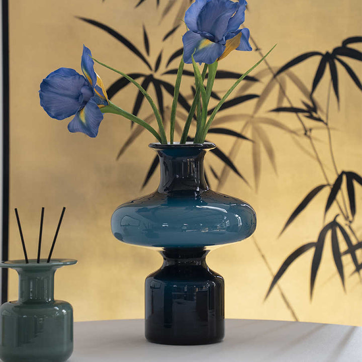 Studio-Blown Mushroom-Profile Art Glass Accent Vase with Stacked Silhouette Kalsten