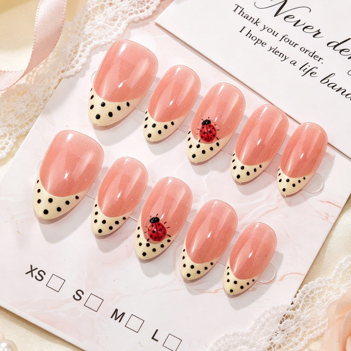 Artistic Press-On Nail Set with Ladybug and Polka Dot Design Kalsten
