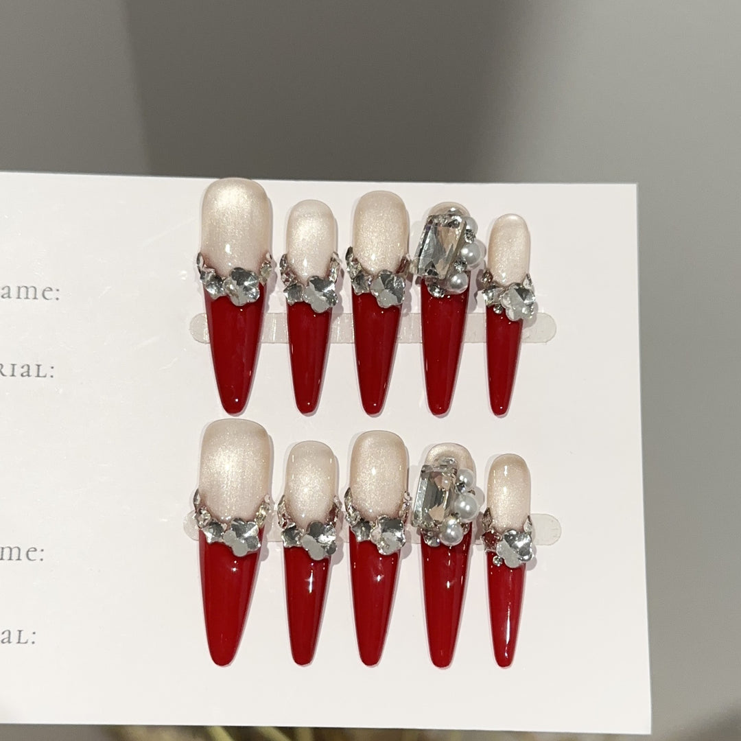 Decorative Stiletto Press-On Nail Set with Crystal Accents