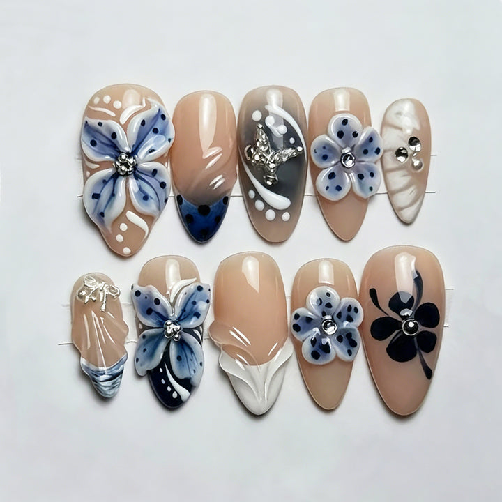 Artistic Floral Press-On Nail Art Set with Gem Accents Kalsten
