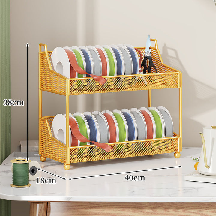 Metal Mesh Ribbon and Tape Spool Organizer with Integrated Scissor Slot
