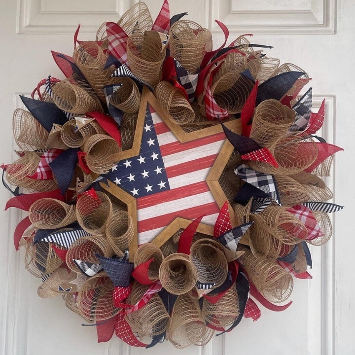 Unisex nan Patriotic Americana Heart Flag Wreath with Ribbon Mesh, Wooden Heart Cutout and Star Accent Bowlsift Kalsten