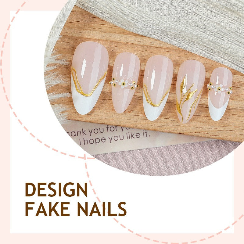 Artificial Nail Set with Gold Accents and Flower Designs Kalsten