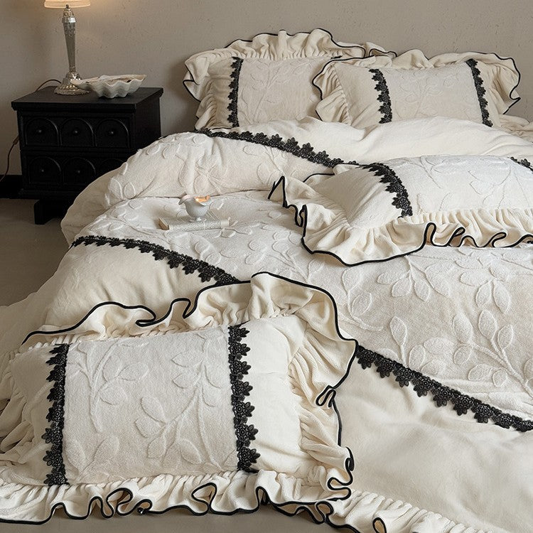 Luxurious Velvety Bedding Set with Ruffle and Floral Lace Border