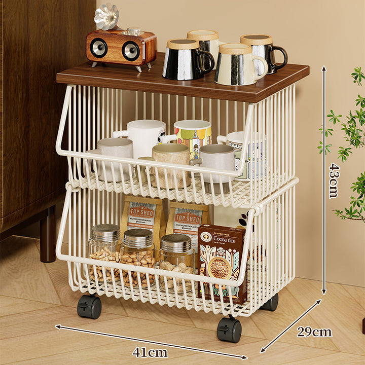 Mobile Four-Tier Kitchen Pantry Organizer Cart with Wood Top and Rolling Wire Baskets